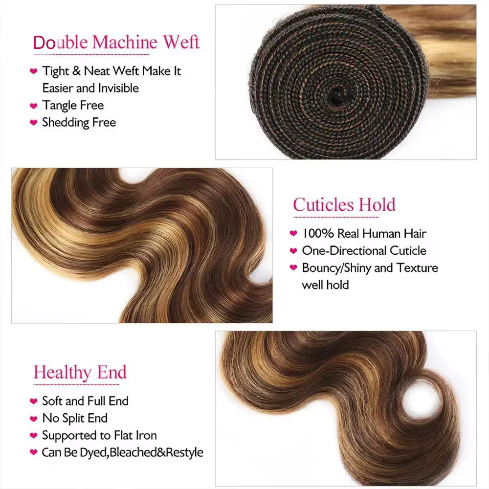 Offres sur les extensions de cheveux naturels brésiliens non traités, ondulés, colorés, 16A Highligh