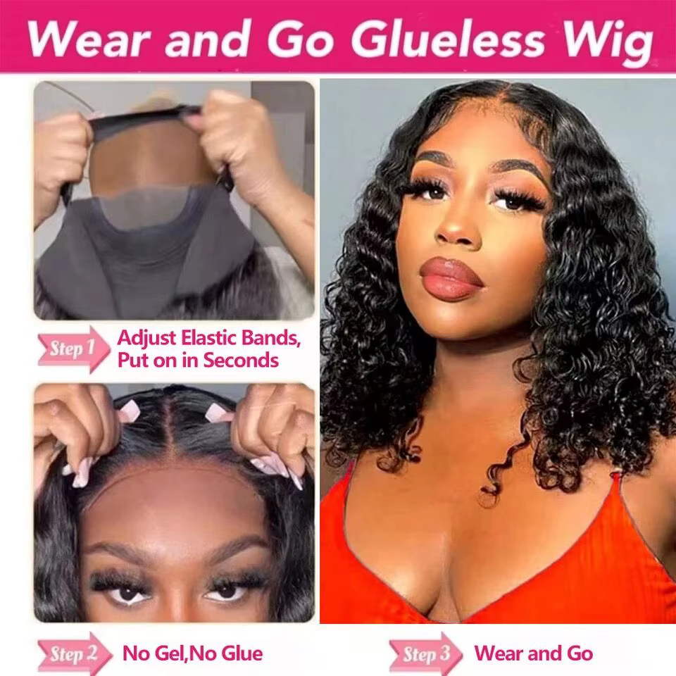 ISEE Hair-Go Glueless Wigs, Water Wave Wig, Short Bob Wig, Transparent, Pré-Cut, Pre-Plucked, 6tage