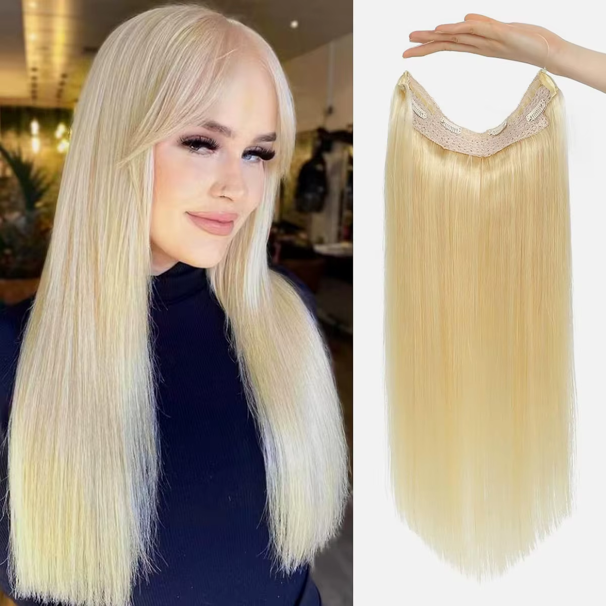 Extensions de cheveux 100% naturels, type fil de pêche, avec bande ajustable et clips discrets, exte