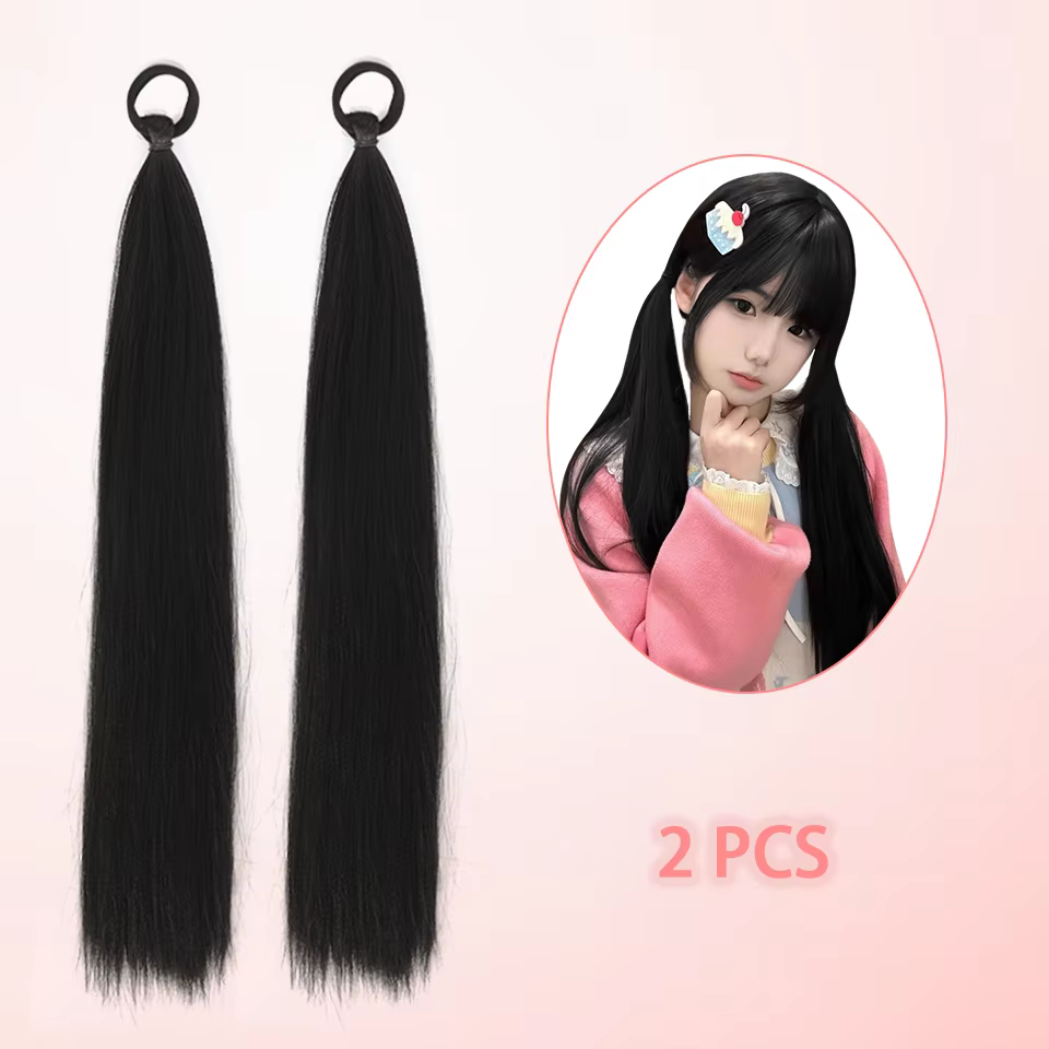 LUPU Lot de 2 extensions de queue de cheval synthétiques noires avec cravate élastique, extensions d
