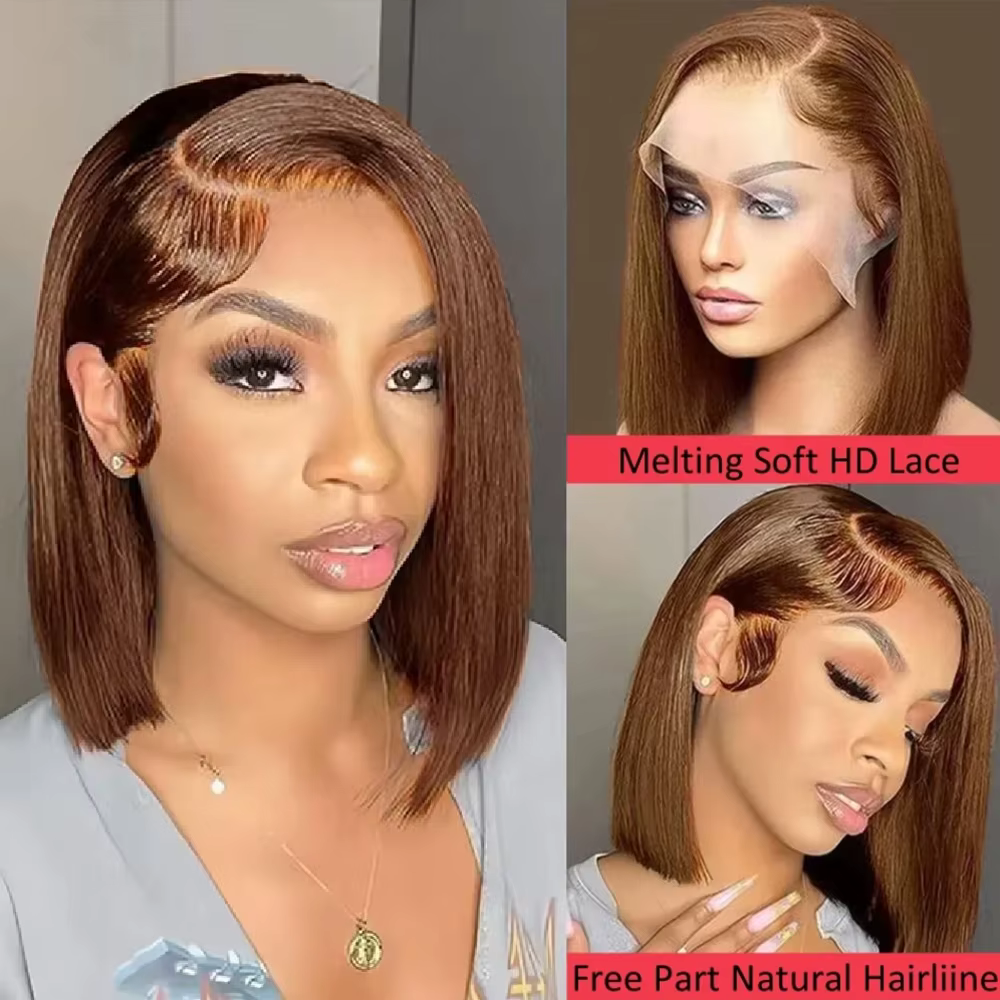 Perruque courte en cheveux humains de 14 pouces # 4 Lace Frontals Transparentes Marron Chocolat 13x4