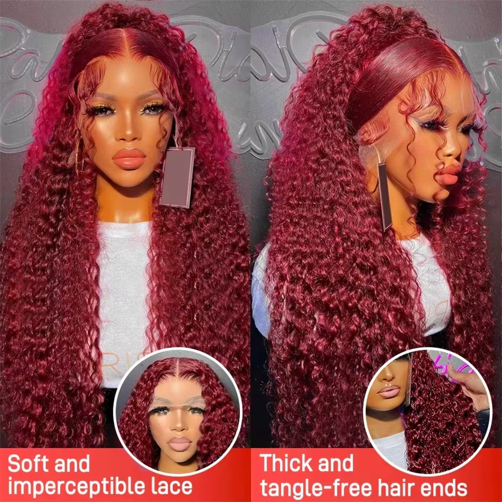 99J bordeaux 13x6 hd dentelle frontale perruque vague d'eau bouclés 13x4 rouge Remy cheveux humains