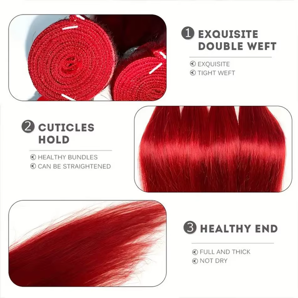 Paquets droits rouges avec fermeture 4*4 avec des cheveux de bébé dentelle transparente tissage de c