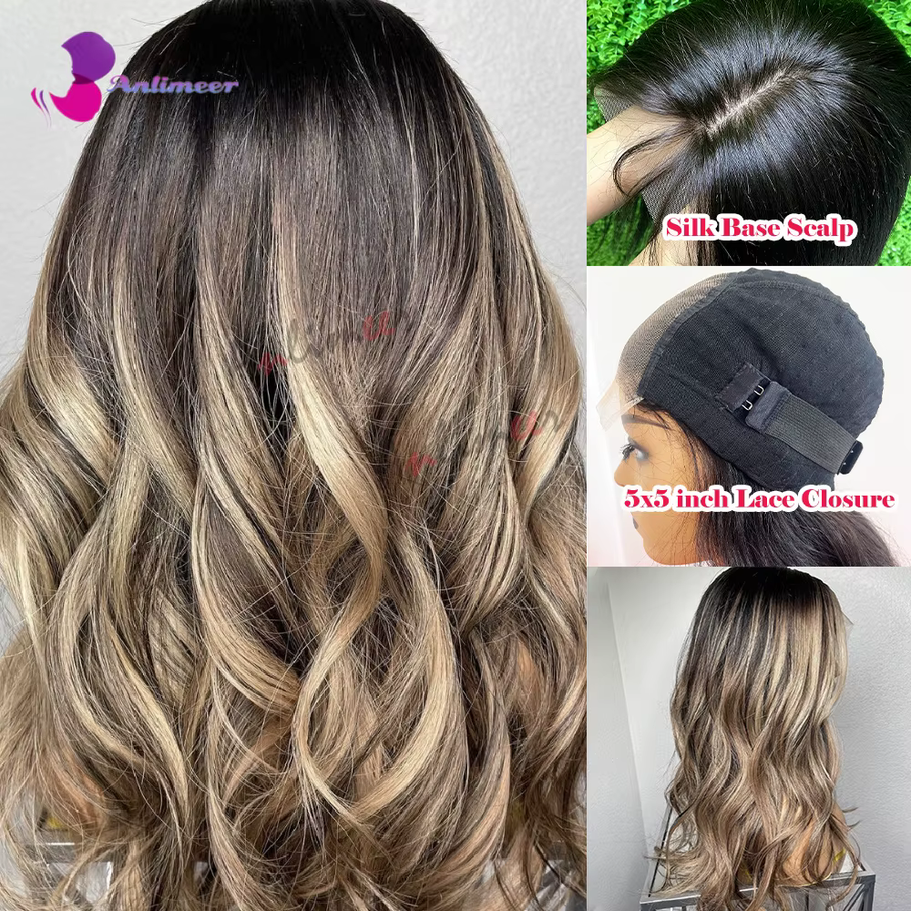 Perruques Lace Front en Cheveux Humains Pré-Pluckées, Noeuds Blanchis, Mèches Blond Clair, Perruques