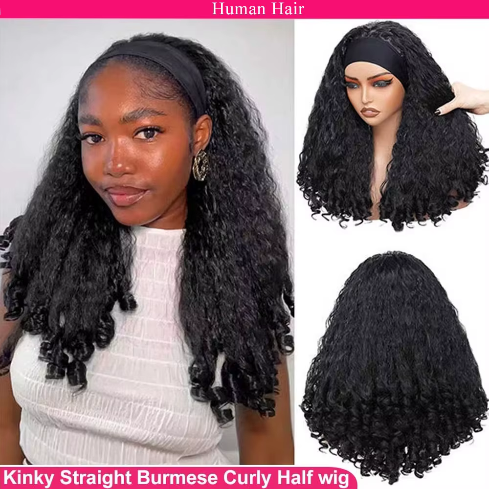 Kinky droite birman bouclés 3 en 1 demi perruques Yaki droite perruque de cheveux humains sans colle