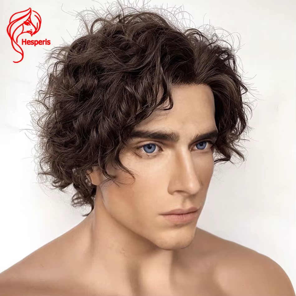 Perruques Hesperis 13X6 Lace Front Brun Foncé pour Hommes, 100% Cheveux Humains, Courtes, Bouclées,