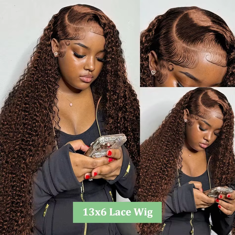 Perruques bouclées profondes en cheveux humains, brun chocolat, perruque frontale en dentelle HD 13x
