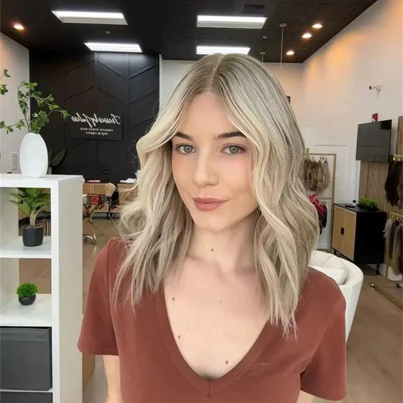 Perruque Lace Front Blonde Cendrée Courte Bob pour Femmes, Mèches Colorées, Cheveux Synthétiques Mél
