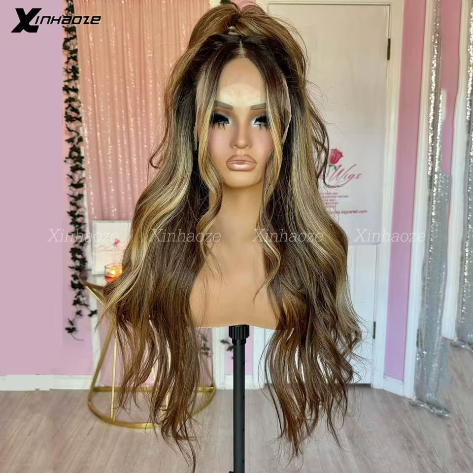 Balayaga brun blond mettre en évidence les cheveux humains pleine perruques de dentelle avec racine