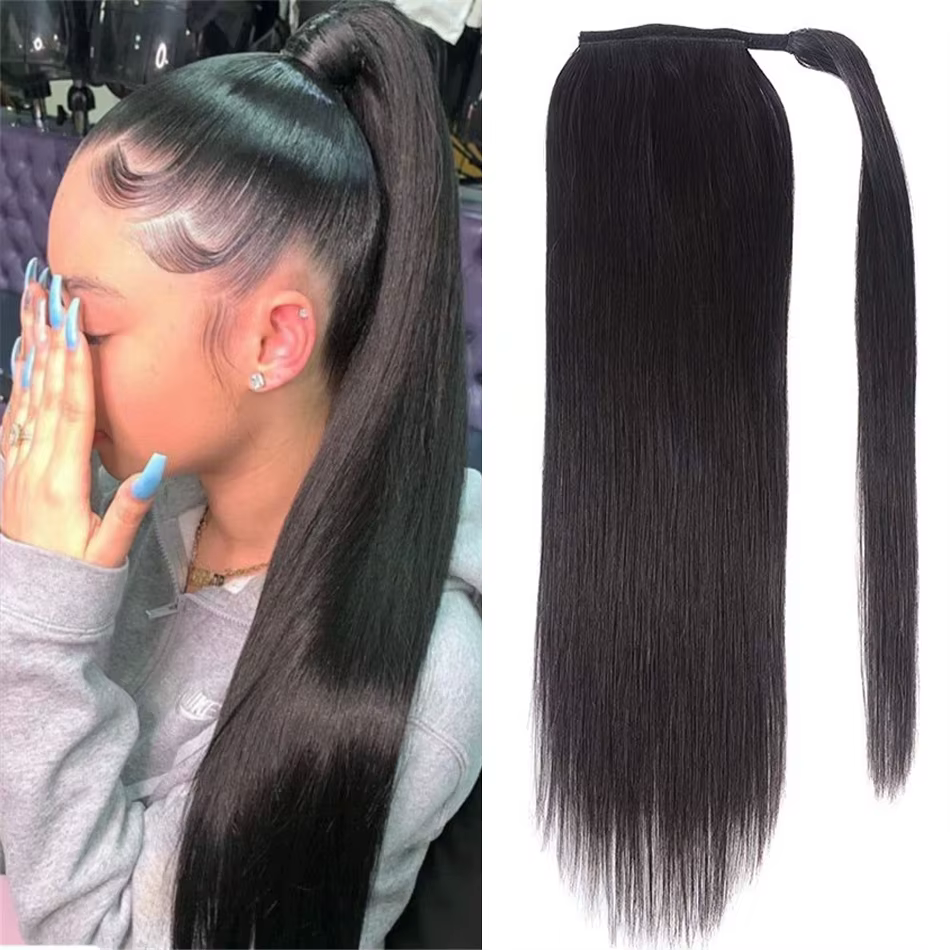Queue de cheval lisse et droite en cheveux humains, extensions à enrouler, 100 % cheveux humains vie