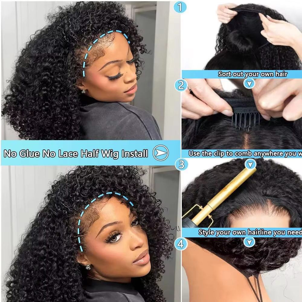 Demi-perruque 3-en-1 en cheveux humains bouclés crépus, densité 200, avec bandeau, améliorée, avec c