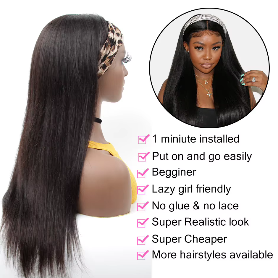 Perruque Brésilienne Naturelle Remy Cheveux Lisses Sans Colle, Faite à la Machine, pour Femme Noire