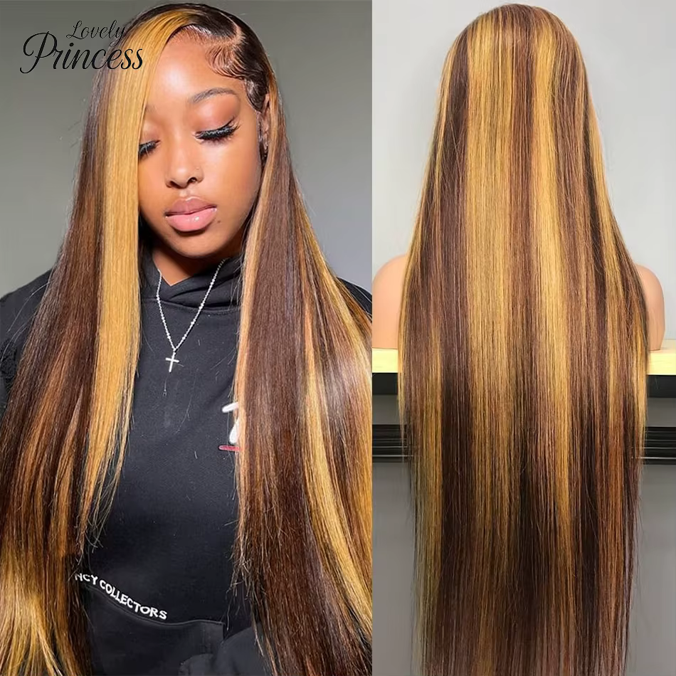 Perruque en cheveux humains lisses avec dentelle frontale 13x4, 30-40 pouces, mèches 4/27, densité 2