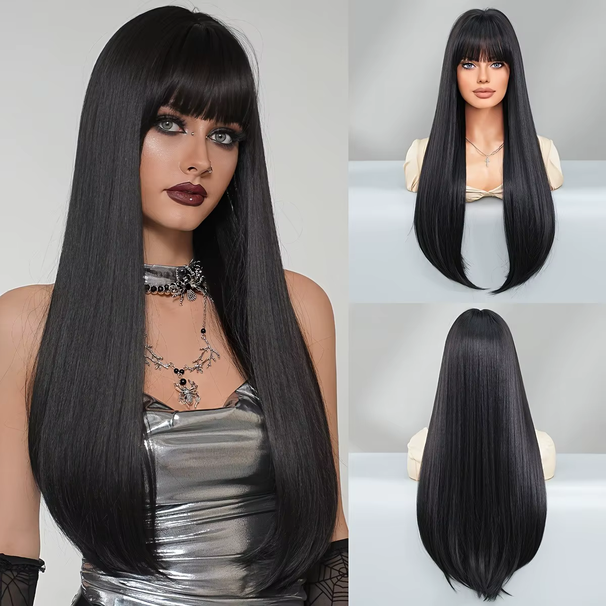 Perruque synthétique noire longue et lisse de 26 pouces avec frange – Perruque moelleuse résistante 