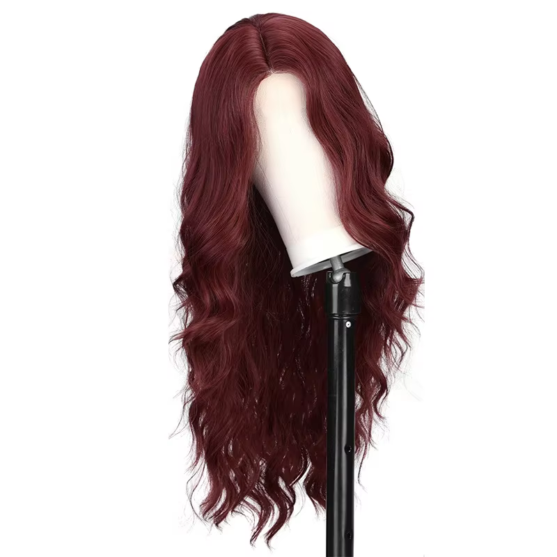 Perruque synthétique couleur vin rouge avec cheveux longs bouclés, tête de perruque complète, fête,