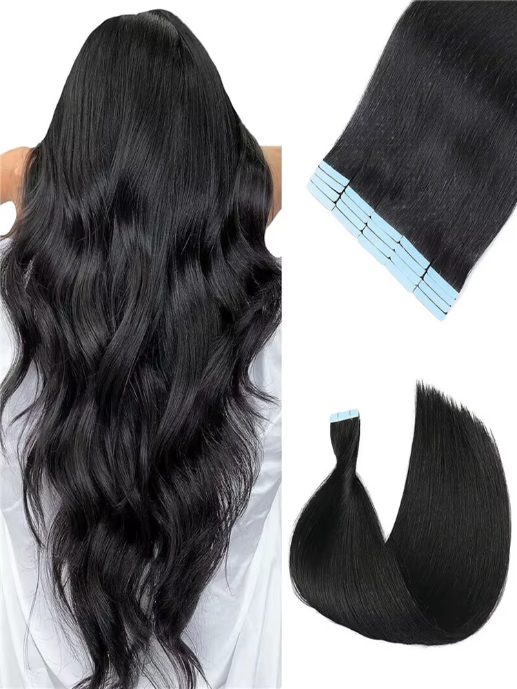 Extensions de Cheveux Humains avec Bande Adhésive pour Femme, Têtes Complètes, Noires Naturelles, Li