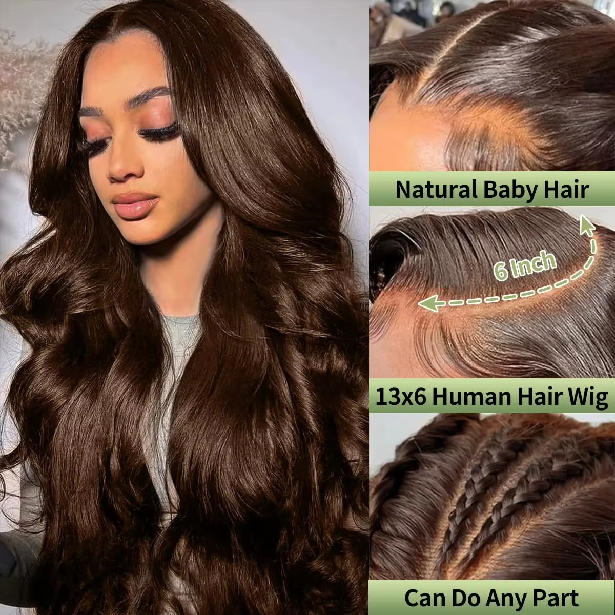 Perruque Lace Front Wig Body Wave marron chocolat, perruque Lace Frontal Wig transparente 13x4 13x6
