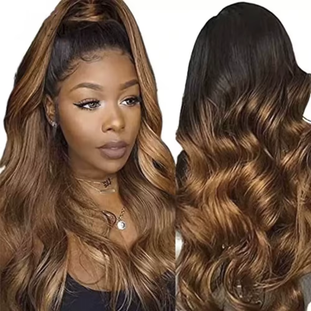 Perruque Lace Frontal Wig Body Wave brésilienne naturelle, cheveux ombrés, blond, 1b/4/27/30, 13x4,