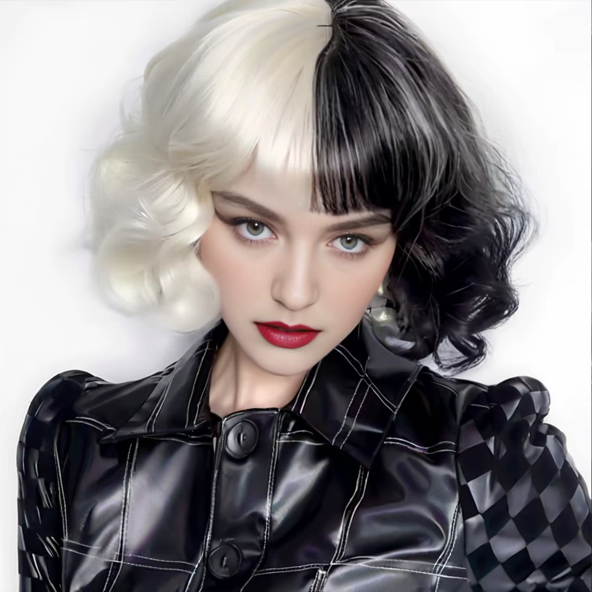 Perruque synthétique courte bouclée Cruella noire et blanche pour femmes, couvre-tête complet pour C