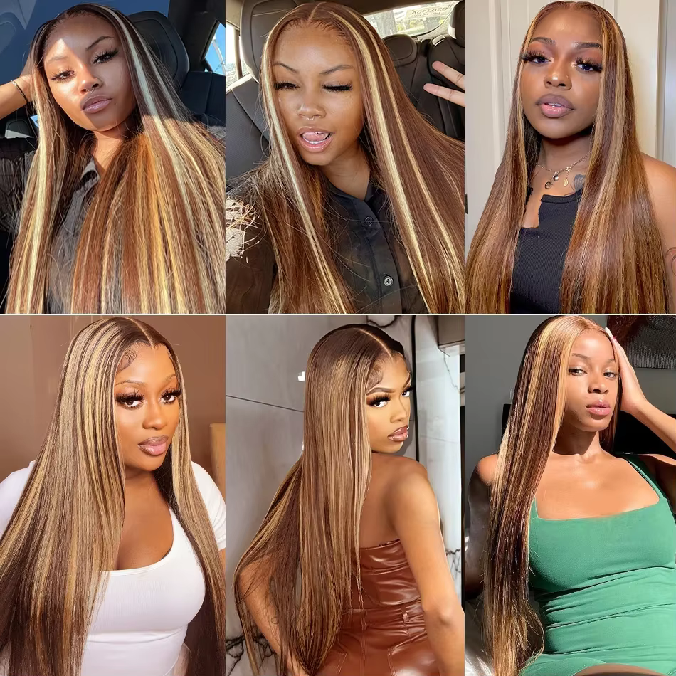 180% P4/27 Ombre brun mettre en évidence droite perruque de cheveux humains 100% cheveux humains 13x