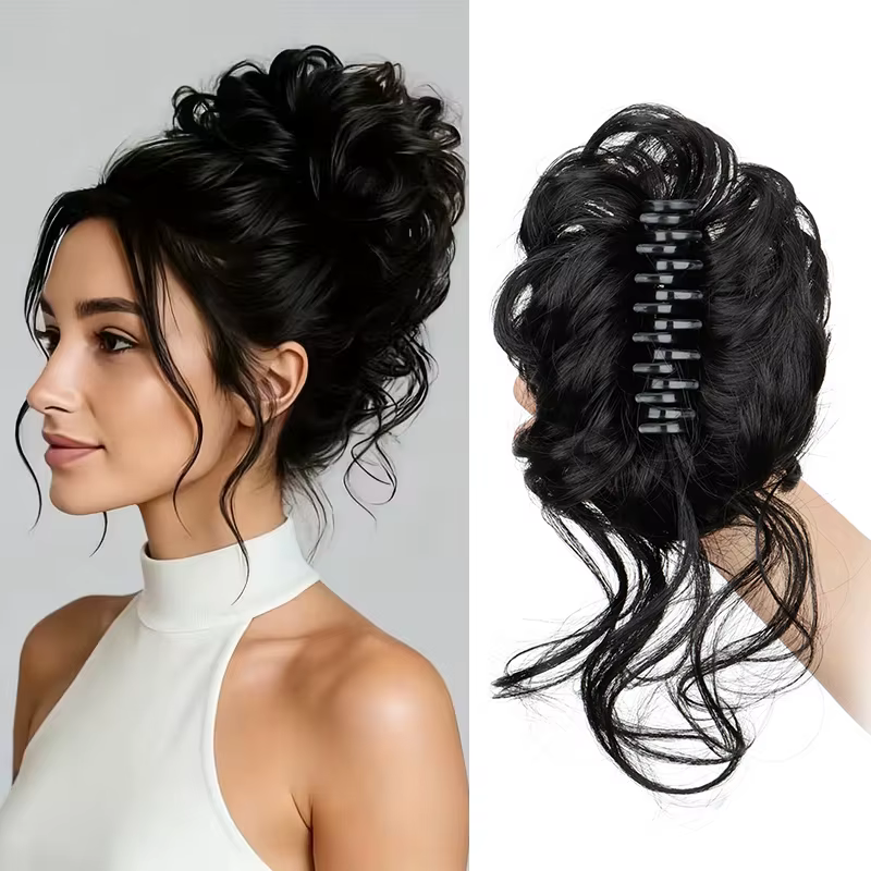 Chignon synthétique court ondulé bouclé désordonné élégant, pièce de cheveux à clip, chignon en déso