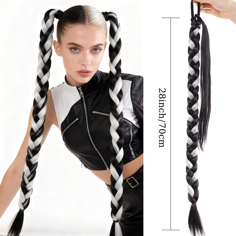 Extensions de cheveux tressés synthétiques, queue de cheval, perruque, tresses noires et blanches, e