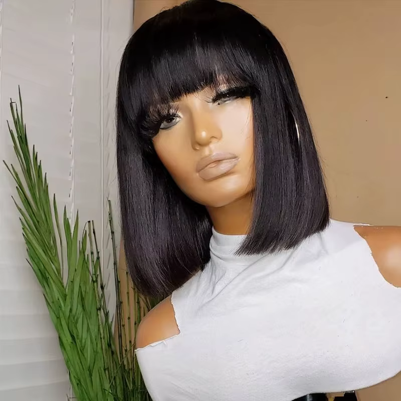 Perruques Lace Bob en cheveux humains lisses Dialola avec frange, raie au milieu, effet cuir chevelu