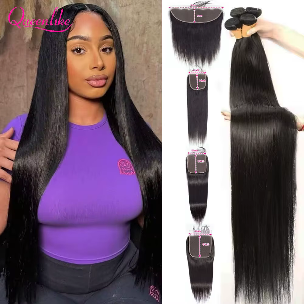 Extensions de cheveux humains lisses Queenlike 12A avec closure 4x4 5x5 6x6 13x4 en dentelle, 3 mèch