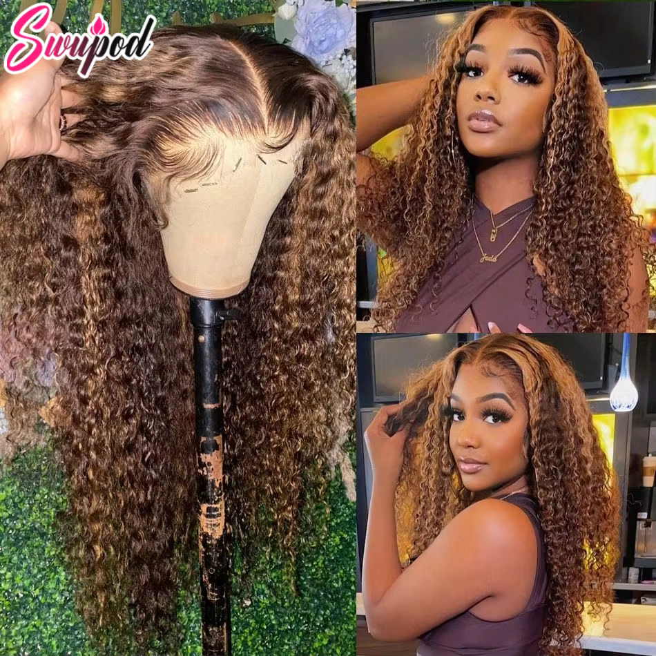Perruque Full Lace Wig sans colle naturelle Remy, cheveux bouclés, balayage piano ombré, 13x6 HD, 13