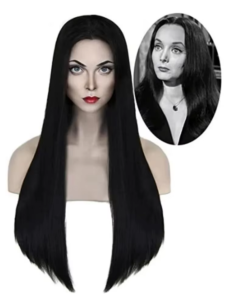 Perruque de Cosplay de la famille Addams, perruques Morticia Wendesday noires longues et lisses, per