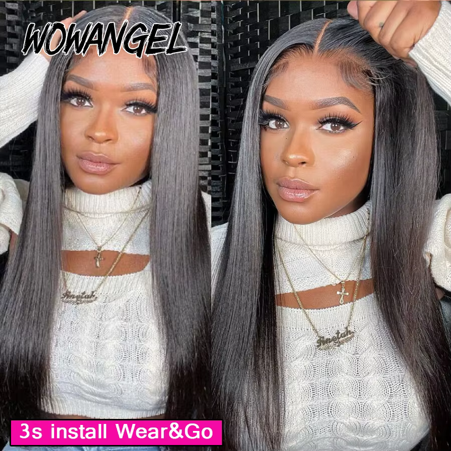 Wow Angel-Perruque sans colle noire de jais pour femme, fermeture à lacet HD, perruques de cheveux h