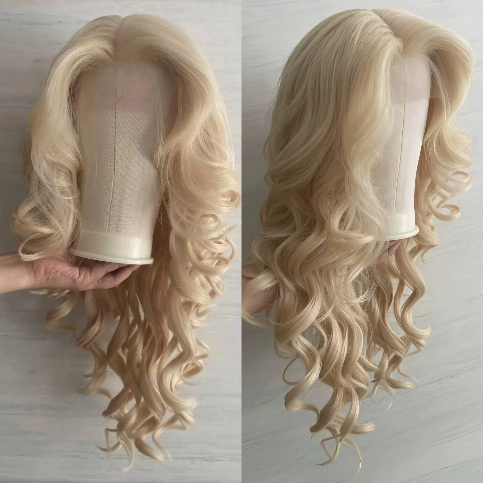 Perruque Lace Front Wig synthétique bouclée et ondulée, Blonde longue, 13x4, avec raie centrale, blo