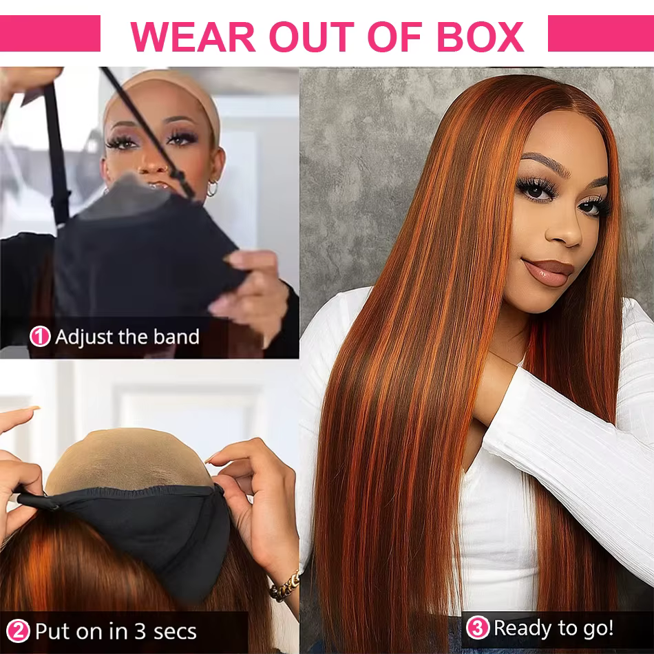Perruque Lace Frontal Wig naturelle lisse à reflets brun gingembre, 5x5, sans colle, pre-coupée, omb