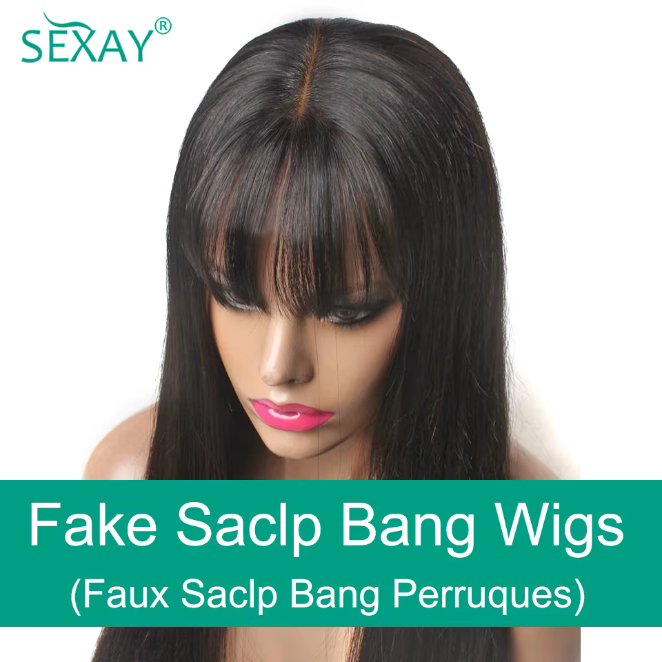 Sexay cuir chevelu Bang perruque de cheveux humains brut indien droit cheveux humains frange perruqu