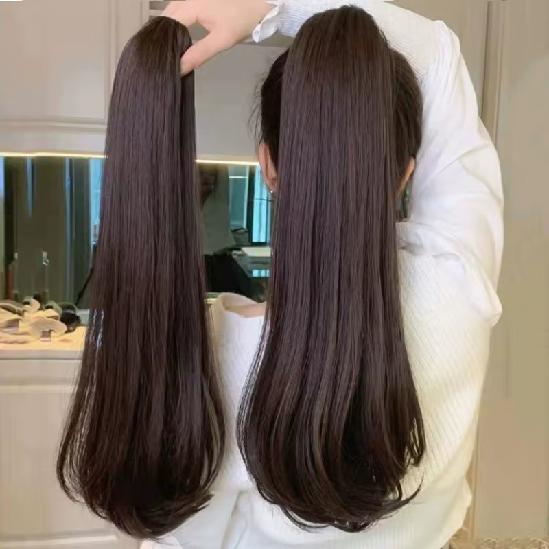 Extensions capillaires synthétiques longues et lisses de 16 pouces/20 pouces, postiche noire pour fe
