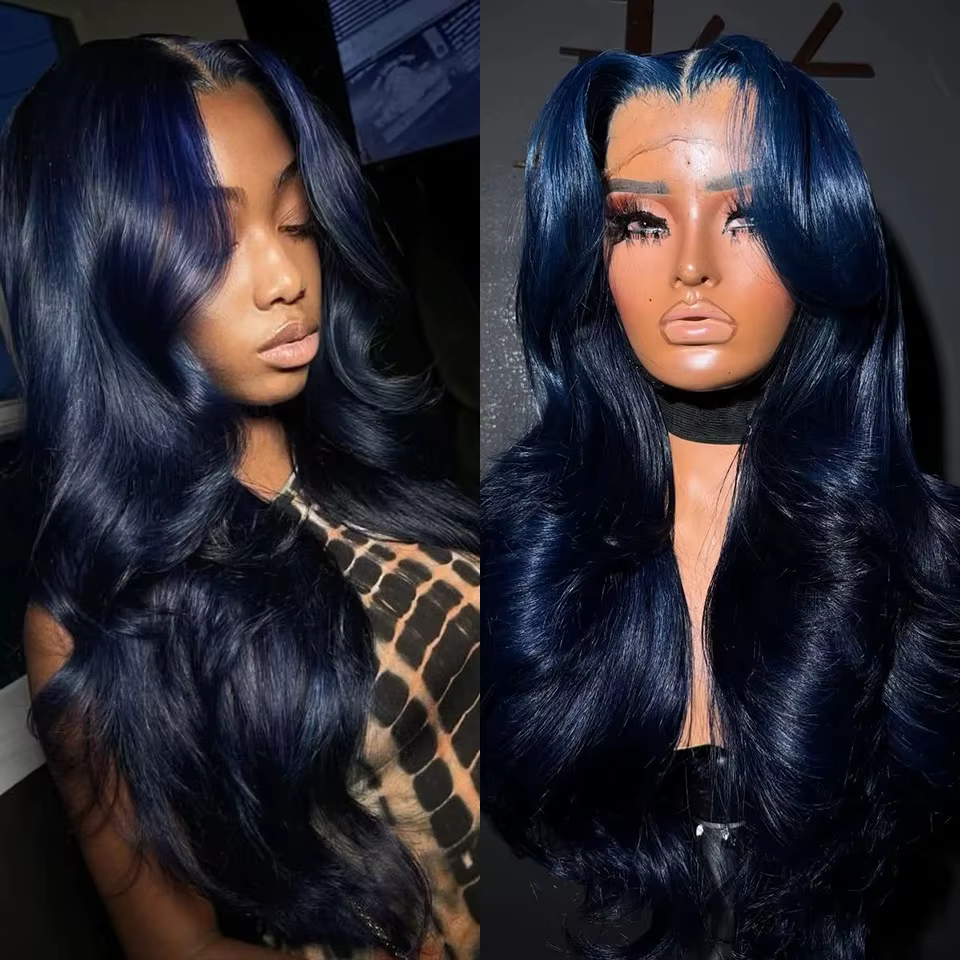 Perruque Lace Frontal Wig synthétique Body Wave longue bleu foncé, 13x4 HD, bleu nuit, sans colle, h