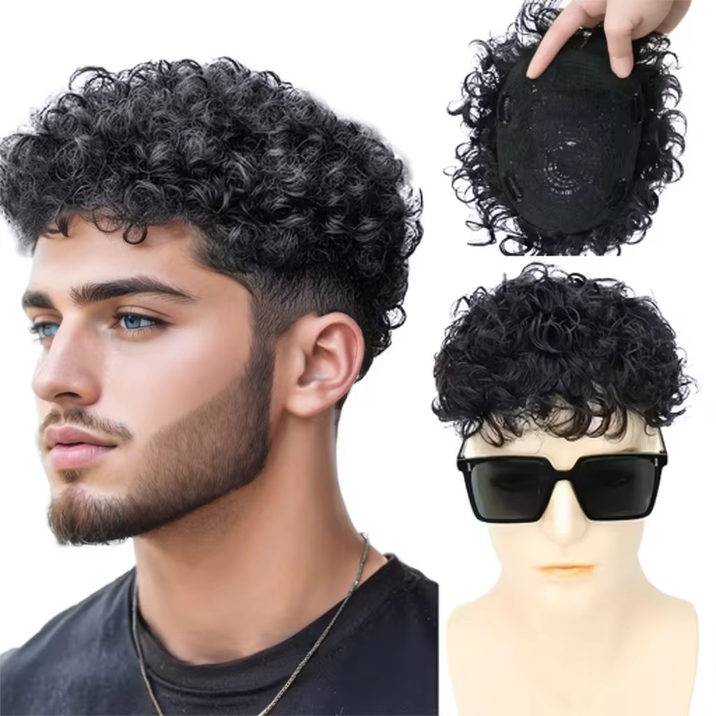 Perruque de cheveux humains noirs naturels pour hommes, courte, bouclée, légère, avec pièce supérieu