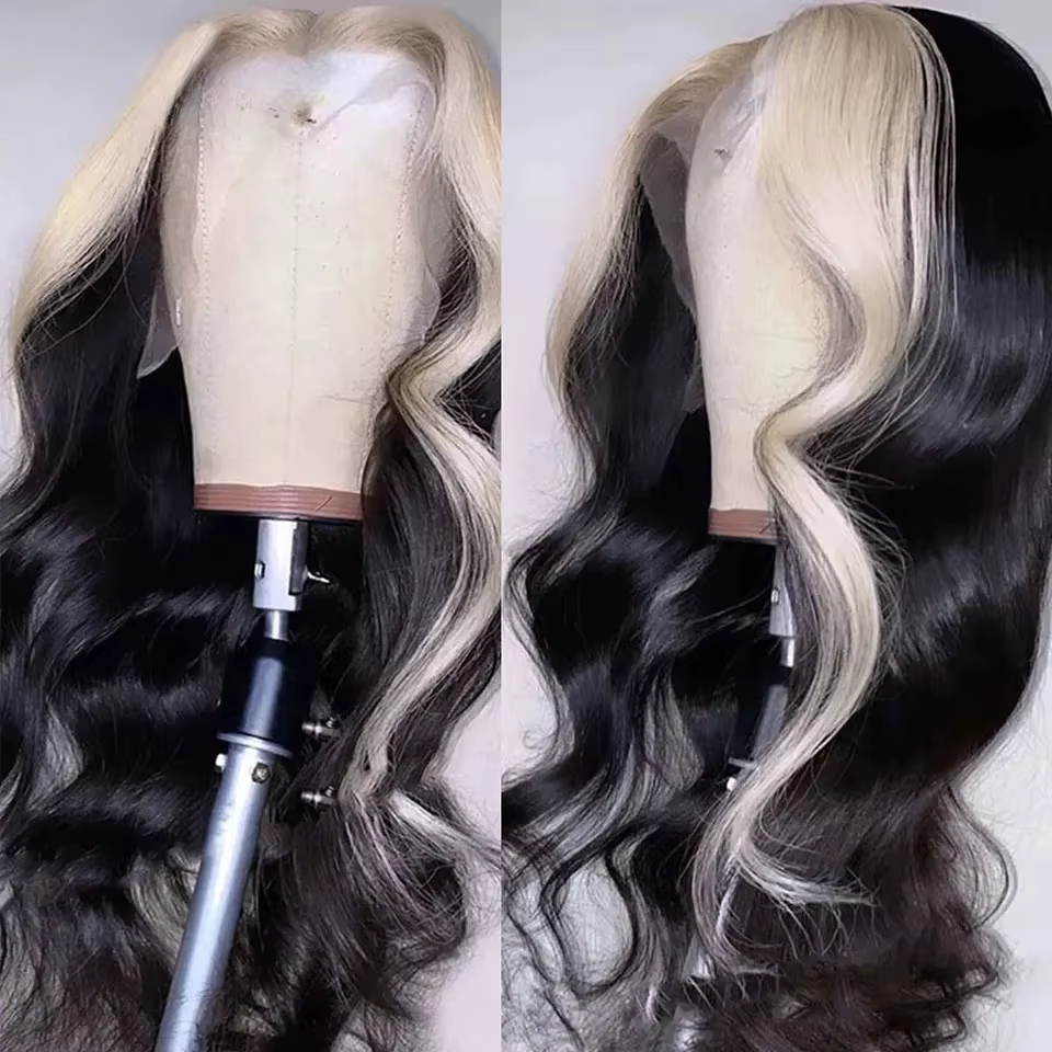 Perruque Lace Frontal Wig synthétique Body Wave blanche à reflets noirs, 13x4 HD, haute qualité, rés