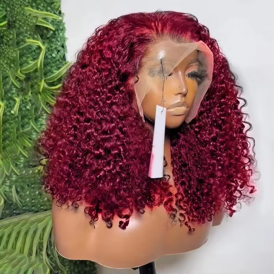 Perruque Bob Lace Frontal Wig Remy naturelle, cheveux humains, couleur bordeaux, 13x4, densité 200%,