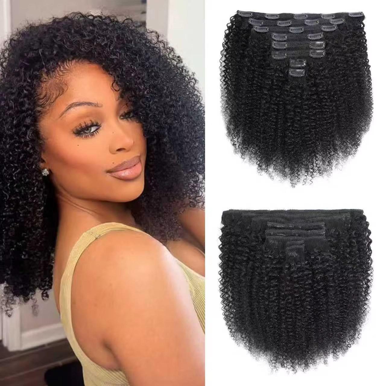 Extensions de cheveux humains bouclés afro crépus à clipser 4C 4B pour femmes, 8 pièces, pour tête e
