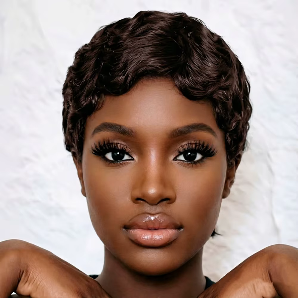 Perruque pixie courte de 4 pouces, coupe pixie, perruque en cheveux humains ondulés, couleur noir/4/