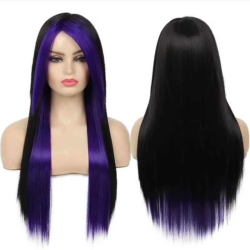 HAIRJOY cheveux synthétiques longs rouge noir droite résistant à la chaleur côté frange Halloween Co