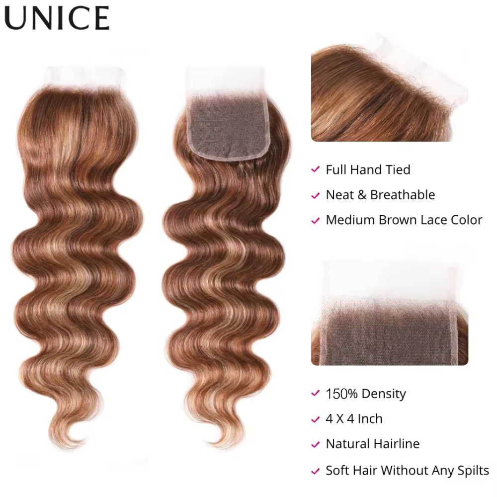 UNice Blonde Highlight Body Wave 4x4 Lace Closure Only 100% Human Hair Closure Free Part