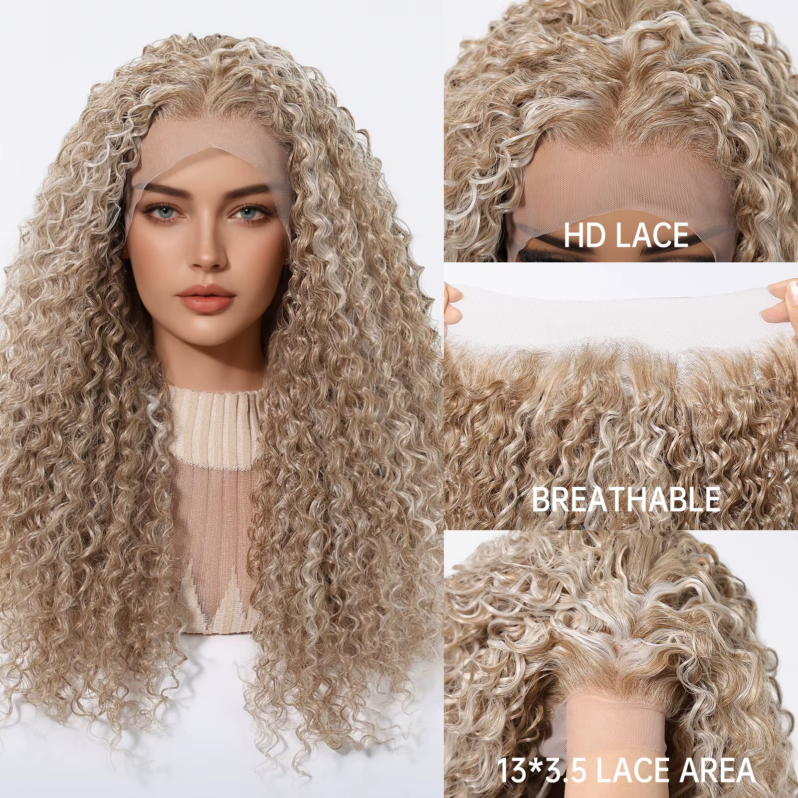 Perruque Lace Front Blonde Topshe HD 13x3.5 Cheveux Synthétiques Bouclés Profonds, Dentelle Invisibl