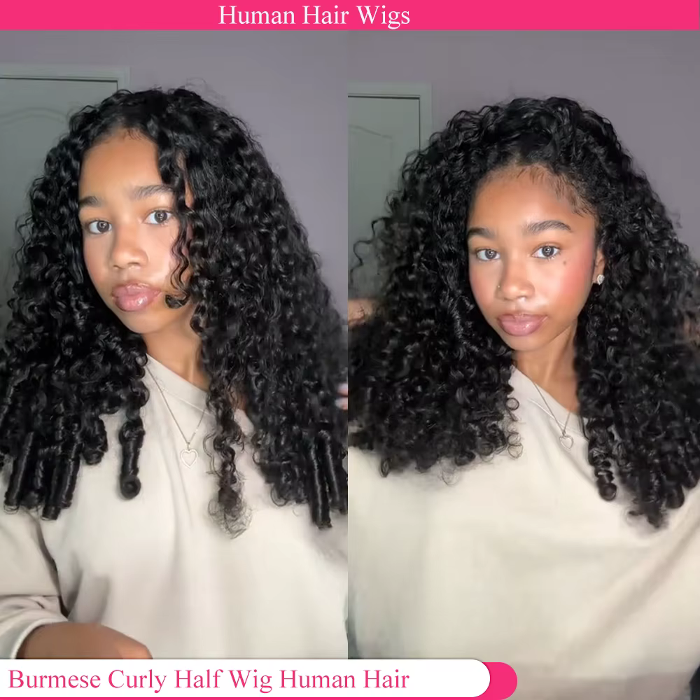 Demi-perruque bouclée birmane 3 en 1, cheveux naturels, sans colle, prête à porter, demi-perruque av