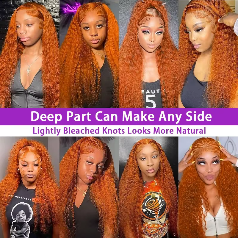Perruque en cheveux humains Deep Wave 13x4 avec dentelle transparente, densité 220%, couleur gingemb