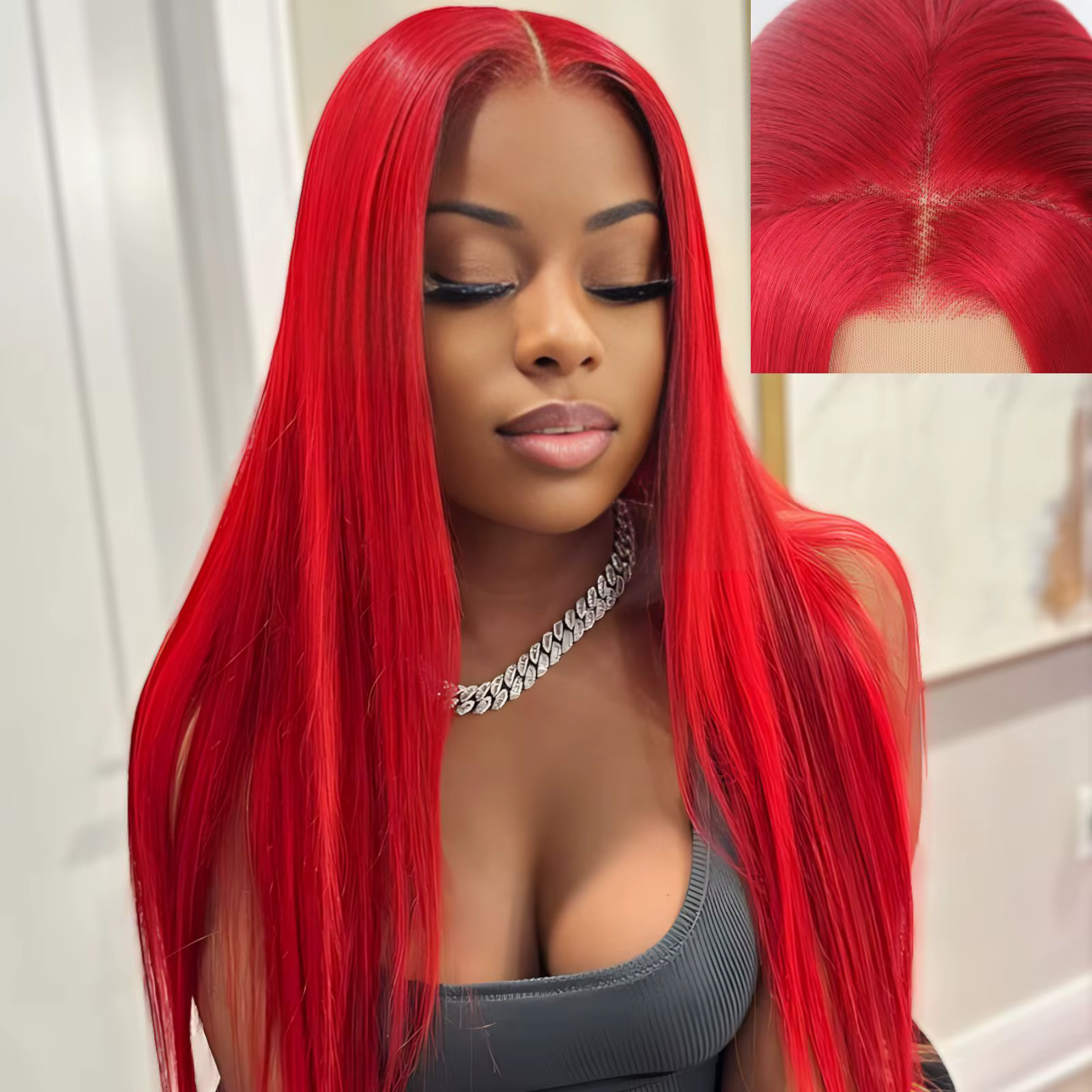 Perruque Lace Front Wig Synthétique Rouge Bordeaux, Cheveux Longs et Lisses, Couleur Vin Foncé, pour