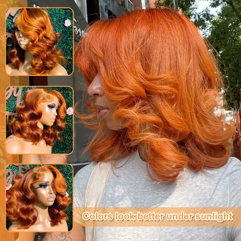 350 #   Perruques avant en dentelle Orange gingembre cheveux humains pré plumés 13x4 perruques front