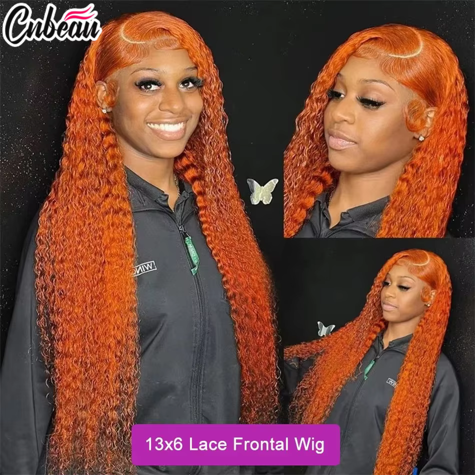 Perruque Lace Front Wig naturelle bouclée Orange gingembre, cheveux humains, 13x4, 13x6, Hd, 36 pouc