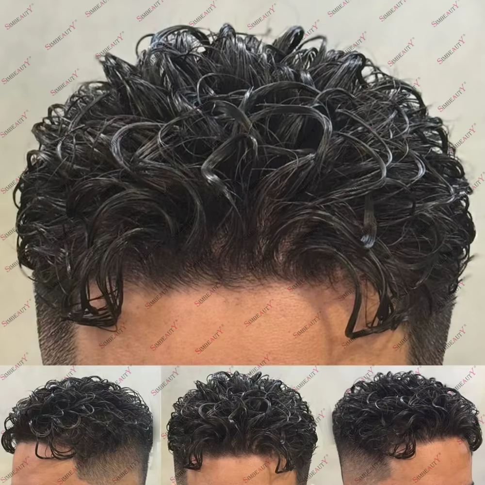 Hommes 26mm naturel bouclés cheveux humains toupet remplacement capillaire prothèse 100% cheveux hum